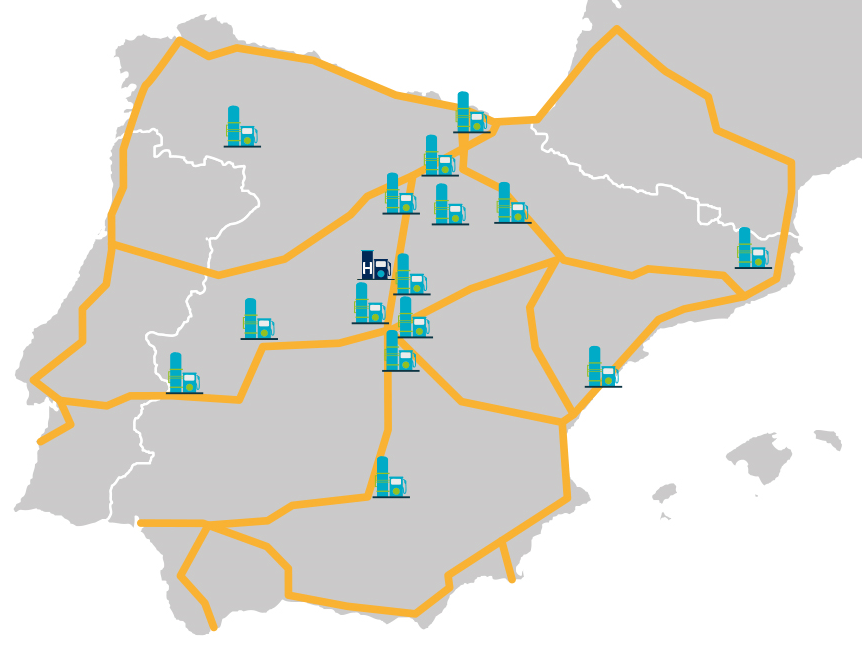 Corredores españoles de la Red Transeuropea de Transporte: contempla 15 puntos de suministro de GNL en las provincias de Castellón, Madrid (4 instalaciones), Guipúzcoa, Zamora, Gerona, Jaén, Álava, Navarra, La Rioja, Burgos, Cáceres y Badajoz; y un punto de suministro de hidrógeno en Madrid